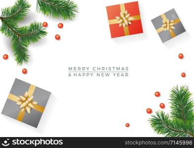 Christmas composition. Gifts, fir tree branches, gift on white background. Winter and new year concept. Flat lay, top view, copy space
