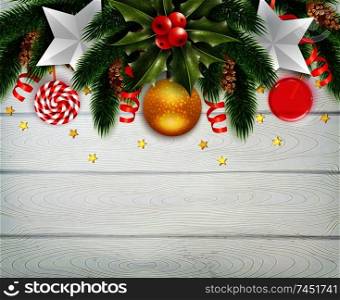 Christmas composition with white wooden wall and new year tree fir needle with confetti and decorations vector illustration