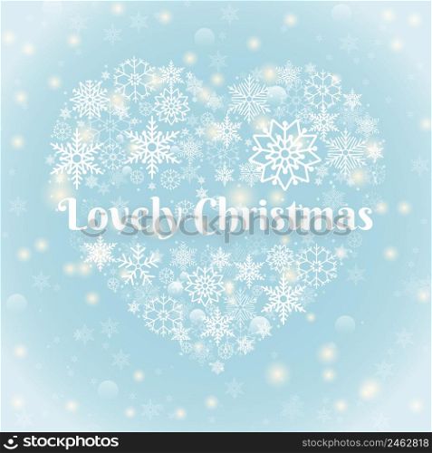 Christmas Concept - Lovely Christmas Texts on Heart Shape Snowflakes on Sky Blue Background with Sparks.