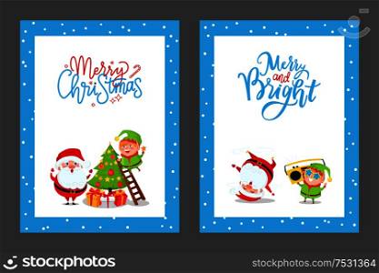 Christmas congratulation framed cards with Santa and Elf helper. Vector blue framed greeting cards with Merry Christmas and Merry Bright lettering. Christmas Congratulation Cards with Santa and Elf