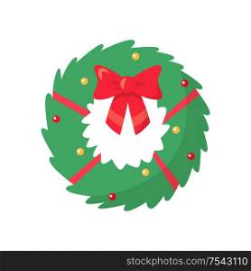 Christmas coniferous spruce wreath with red ribbon and bow. Holiday ring decorated with colorful points. Traditional winter ornament in flat style vector. Christmas Coniferous Spruce with Ribbon Vector