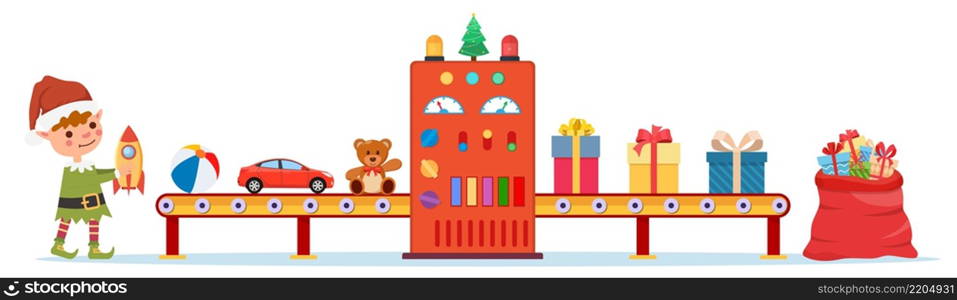 Christmas conveyor with elves pack gifts and put them in bag of Santa Claus. factory for the production of gifts. Happy New Year Decoration. Merry Christmas Holiday. Vector illustration in flat style. Christmas conveyor with elves pack gifts