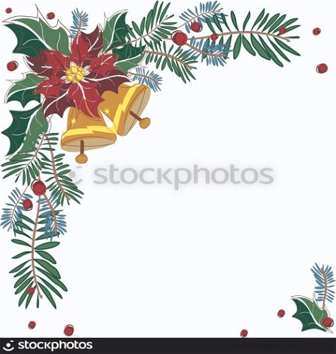 Christmas corner decorative frame with bells, poinsettia flower, pines, leaves and berries. Vector illustration.