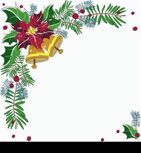 Christmas corner decorative frame with bells, poinsettia flower, pines, leaves and berries. Vector illustration.
