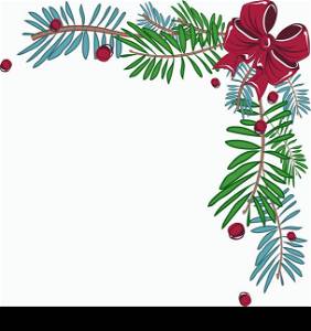Christmas corner frame with pine and red bow. Vector illustration.