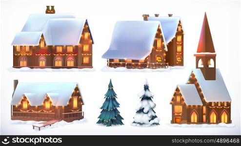 Christmas. Cottages, country houses. Festive Christmas decorations. New Year. Set of 3d vector icon