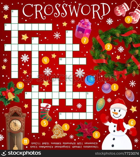 Christmas crossword puzzle game grid, cartoon holiday items and decorations, vector. Find word quiz for kids worksheet riddle with Santa gifts on Christmas tree, winter snow and snowman in mittens. Christmas crossword puzzle game, holiday cartoon