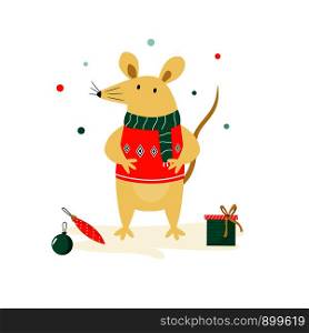 Christmas cute funny mouse in knitted sweater. Vector holiday illustration. Christmas Cute funny mouse in a knitted sweater