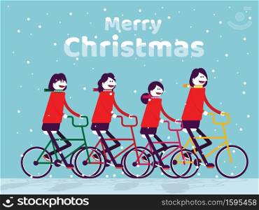 Christmas cycling. Celebration and holiday concept, Flat cartoon vector design.