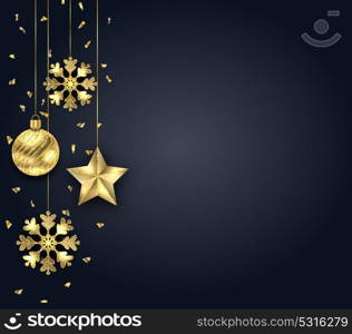 Christmas Dark Background with Golden Baubles, Greeting Banner. Christmas Dark Background with Golden Baubles, Greeting Banner - Illustration Vector