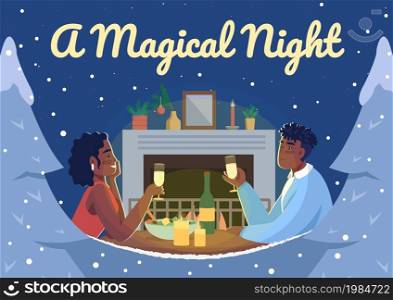 Christmas date poster flat vector template. Couple at romantic dinner. Brochure, booklet one page concept design with cartoon characters. Magical night flyer, leaflet with copy space. Christmas date poster flat vector template