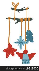 Christmas decor for home decoration and adornment, isolated wooden cuts hanging on thread. Stars and pine tree, snowflake and angel shaped figures. Xmas winter celebration. Vector in flat style. Decoration for xmas, hanging wooden cuts on stick