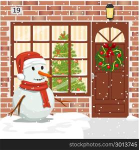 Christmas decorated door, house entrance with wreath. Illuminated building facade with Snowman Frosty in santa hat. Christmas decorated door, house entrance with wreath. Illuminated building facade with Snowman Frosty in santa hat. Red bricks, window, garland, xmas tree, snowflakes. Vector. For postcards, prints