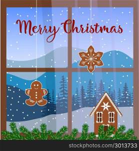 Christmas decorated window, with garland, gingerbread man. View of Winter landscape with silhouettes of mountains and forest. Christmas decorated window, with fir garland, gingerbread man, house. view of Winter landscape with silhouette of mountains and forest. Snowfall. Vector illustration. Peaks, trees. For wallpapers, web