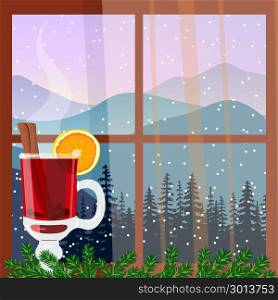 Christmas decorated window with hot mulled wine. Winter landscape with silhouettes of mountains and forest. Vector illustration. Christmas decorated window with hot mulled wine. Winter landscape with silhouettes of mountains and forest. Vector illustration. Hot wine punch, green garland, curtains. For postcards, greetings, web