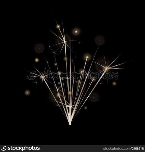 Christmas decoration. Celebration. Realistic sparkler lights isolated on black. Bright fireworks. Glittering stream of golden sparkles. Vector illustration design element.
