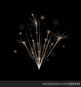 Christmas decoration. Celebration. Realistic sparkler lights isolated on black. Bright fireworks. Glittering stream of golden sparkles. Vector illustration design element.
