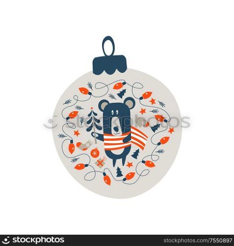 Christmas decoration Christmas ball. Cute bear dressed in a striped scarf and surrounded by Christmas decorations. Vector illustration. Christmas decoration Christmas ball. Vector illustration.