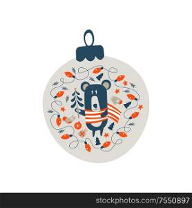 Christmas decoration Christmas ball. Cute bear dressed in a striped scarf and surrounded by Christmas decorations. Vector illustration. Christmas decoration Christmas ball. Vector illustration.