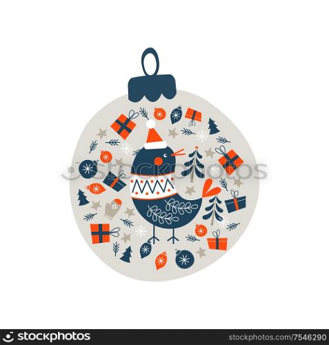 Christmas decoration Christmas ball. Cute bird in a knitted sweater surrounded by Christmas decor. Vector illustration. Christmas decoration Christmas ball. Vector illustration.