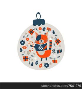 Christmas decoration Christmas ball. Cute cat in a knitted sweater surrounded by Christmas decor. Vector illustration.. Christmas decoration Christmas ball. Vector illustration.