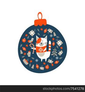 Christmas decoration Christmas ball. Cute cat in a knitted sweater surrounded by Christmas decor. Vector illustration.. Christmas decoration Christmas ball. Vector illustration.