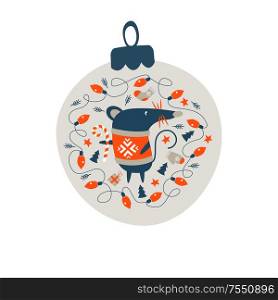 Christmas decoration Christmas ball. Cute mouse, a symbol of the new year 2020 surrounded by Christmas decor. Vector illustration. Christmas decoration Christmas ball. Vector illustration.