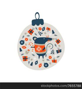 Christmas decoration Christmas ball. Cute mouse, a symbol of the new year 2020 surrounded by Christmas decor. Vector illustration. Christmas decoration Christmas ball. Vector illustration.