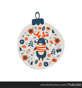 Christmas decoration Christmas ball. Cute reindeer dressed in a striped scarf and surrounded by Christmas decorations. Vector illustration.. Christmas decoration Christmas ball. Vector illustration.
