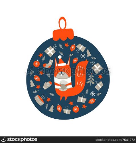 Christmas decoration Christmas ball. Cute squirrel with a nut surrounded by Christmas decor. Vector illustration.. Christmas decoration Christmas ball. Vector illustration.