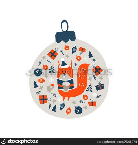 Christmas decoration Christmas ball. Cute squirrel with a nut surrounded by Christmas decor. Vector illustration.. Christmas decoration Christmas ball. Vector illustration.