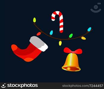 Christmas decoration elements, composition consisting of garland with colorful lights, bell with bow and red sock, isolated on vector illustration. Christmas Symbols Elements Vector Illustration