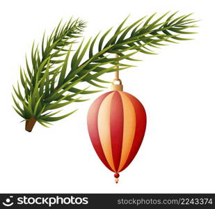 Christmas decoration hanging on pine tree branch. Vector illustration. Christmas decoration hanging on pine tree branch