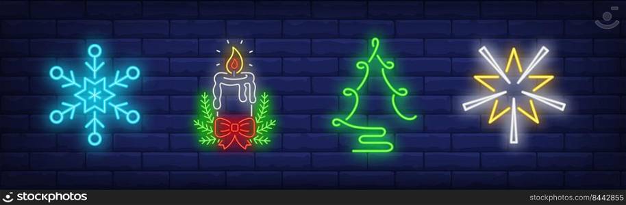 Christmas decoration neon sign collection. Snowflake, star, garland. Night bright advertisement. Vector illustration in neon style for banner, billboard