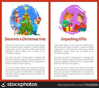 Christmas decoration of pine evergreen tree by people vector. Children unpacking gifts, father and daughter with fir, putting baubles and toys on it. Christmas Decoration of Evergreen Tree by People