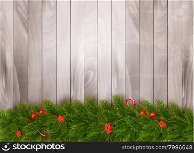 Christmas decoration on old wooden background. Vector