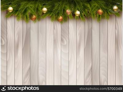Christmas decoration on wooden background. Vector illustration.