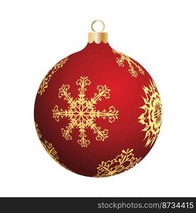 Christmas decoration red glass ball with snowflakes ornate. Festive design element for the winter holidays, events, discounts, and sales. Vector illustration.