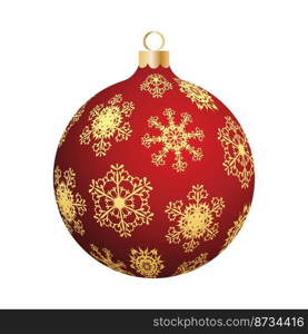 Christmas decoration red glass ball with snowflakes ornate. Festive design element for the winter holidays, events, discounts, and sales. Vector illustration.