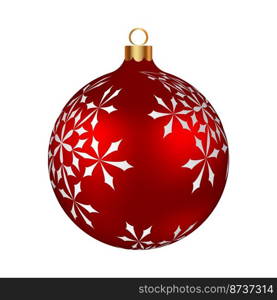 Christmas decoration red glass ball with snowflakes ornate. Festive design element for the winter holidays, events, discounts, and sales. Vector illustration.