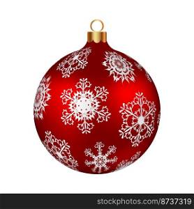 Christmas decoration red glass ball with snowflakes ornate. Festive design element for the winter holidays, events, discounts, and sales. Vector illustration.