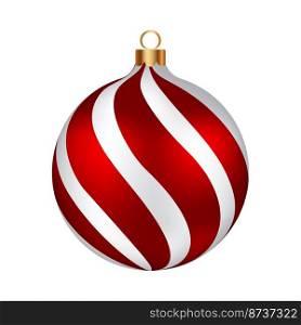 Christmas decoration red glass ball with stripes ornate. Festive design element for the winter holidays, events, discounts, and sales. Vector illustration.