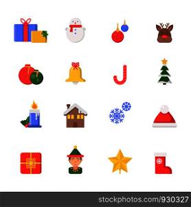 Christmas decoration symbols. Winter north star tree gifts ribbons boots vector icons in flat style. Holiday christmas gift box, boots and house, bell and candle illustration. Christmas decoration symbols. Winter north star tree gifts ribbons boots vector icons in flat style