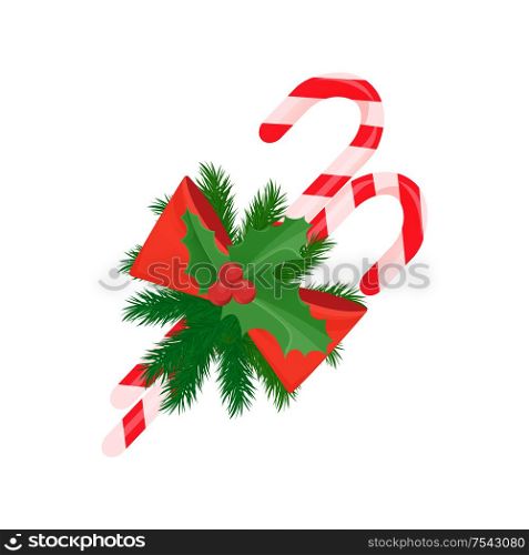 Christmas decoration, two candy sticks decorated by mistletoe holly berries and bow isolated vector icon. Spruce branches and sweets, fir-tree plant. Christmas Decoration, Two Candy Sticks Decor Icons