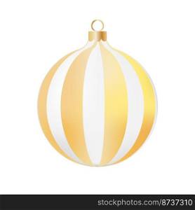 Christmas decoration white glass ball with golden stripes ornate. Festive design element for the winter holidays, events, discounts, and sales. Vector illustration.