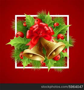 Christmas decoration with evergreen trees, holly and bells. Vector illustration EPS 10