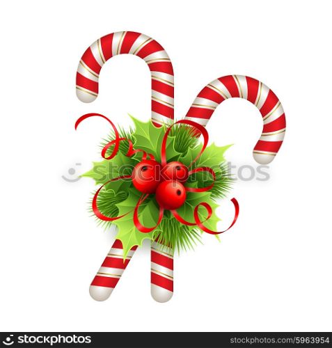 Christmas decoration with holly leaves, bow and candy. Vector illustration EPS 10