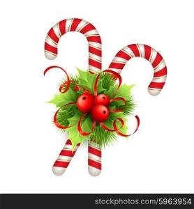 Christmas decoration with holly leaves, bow and candy. Vector illustration EPS 10