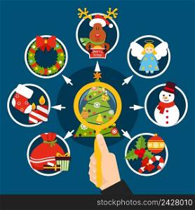 Christmas decorations flat composition with magnifier in hand, xmas tree, holiday elements on blue background vector illustration. Christmas Decorations Flat Composition