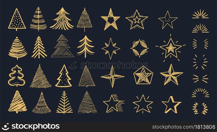 Christmas decorations pack. Doodle xmas tree, stars and burst. Decorative holiday new year vector cards, invitation. Decoration doodle scribble cartoon, drawn sketch christmas texture illustration. Christmas decorations pack. Doodle xmas tree, stars and burst. Decorative holiday new year vector elements for cards, background invitations